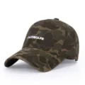 Close-up detail view of the camo baseball cap showing front white embroidery texture. - Adjustable / Light Yellow