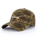 Detailed view of the camouflage baseball cap with white embroidered landscape text on front. - Adjustable / Khaki