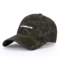 Detailed close-up view of the dark camouflage baseball cap with white landscape embroidery. - Adjustable / Dark Green