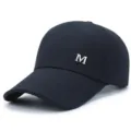 Men canvas baseball cap with metal M logo, extended brim sun protection hat outdoor. - Navy Blue