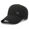 Black canvas baseball cap with metal M logo, curved brim sun hat for men outdoor casual wear. - Black