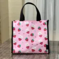 Cute pink waterproof insulated lunch bag with strawberry bear pattern, portable bento tote - Pink Strawberry Bear