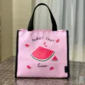 Waterproof thermal lunch bag with cute watermelon print, portable bento bag for students and workers. - Pink Watermelon