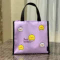 Purple canvas lunch bag with cute duck print, insulated thermal tote for office and school use. - Purple Yellow Duck