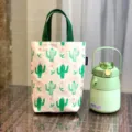 Koreaanse stijl canvas draagtas met leuk groen cactusmotief, draagbare thermische lunchtas. - Beige cactus