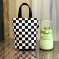 Black and white checkerboard canvas handbag thermal cup tote minimalist daily snack bag. - Black & White Checkerboard