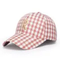 Pink and white plaid baseball cap with embroidered letter R detail, stylish and comfortable. - Adjustable / Pink