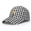Black and white plaid baseball cap with gold R letter detail, thick fashion duck tongue hat. - Adjustable / Black