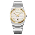 Men's quartz watch with stainless steel strap gold bezel textured dial calendar display. - Silver & Gold-Tone Case with Silver Dial