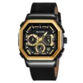Men multifunction quartz watch with black and gold square dial and strap for business daily use. - Black Gold - Leather Strap
