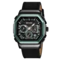 Men quartz watch with square octagonal bezel, multi-function sub-dials and black leather strap. - Black Green - Leather Strap