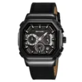 Black tactical quartz watch for men, multi-function dial with six hands and date. - Black Case Black Strap - Leather Strap