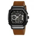 SKMEI Men Quartz Watch Square Case Brown Leather Strap Multi-Function Style - Black Case Dark Brown Strap - Leather Strap
