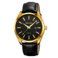 Men's luxury gold quartz watch featuring a black textured dial and black leather strap. - Gold Black Face