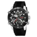 Men's multi-functional sports watch dual display digital quartz watch with silicone strap. - Black and White