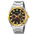 Men's business quartz watch with stainless steel strap, gold bezel and black dial. - Silver and Gold Black Face