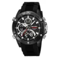 Men's multi-functional sports watch with rubber strap, dual display and waterproof design. - Black