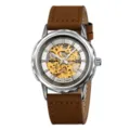 Reloj mecánico automático para hombre con esfera esquelética y correa de piel marrón. - Correa de Cuero Marrón Oscuro / Plateado