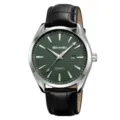 SKMEI Men Quartz Watch Green Dial Stainless Steel Case Black Leather Strap Calendar - Silver Green Face