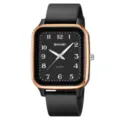 Square quartz watch with black dial, rose gold bezel and silicone strap for students. - Black Rose Gold Frame