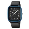 Minimalist square quartz watch with black dial, white numbers and blue bezel for students and daily wear. - Black Blue Frame