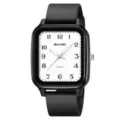 Minimalist square quartz watch for students, elegant pointer design with comfortable black strap. - Black and White