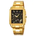Men's Gold Quartz Watch Rectangular Dial Steel Strap Three Sub-dials Calendar Chronograph - Gold Case Black Face - Steel Strap