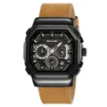 Men stylish quartz watch with black square case and brown leather strap, multi-function dial. - Black Case Light Brown Strap - Leather Strap