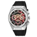 Men's quartz watch skeleton dial stainless steel case black silicone strap chronograph watch - Silver Case Black Strap