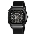 Black quartz watch for men featuring a multi-dial chronograph face and durable rubber strap. - Black Case Black Strap - Silicone Strap