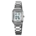 SKMEI women metal digital watch retro square steel strap waterproof multi-function wrist watch - Silver White Display