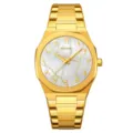 Gold quartz wristwatch for men with mother of pearl dial and stylish integrated steel bracelet. - Gold Case White Dial
