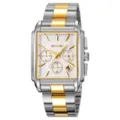 Men's rectangular quartz watch, silver and gold steel strap variant with white dial. - Two Tone Silver Gold Case Silver Dial - Steel Band
