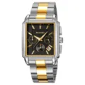 Men's business quartz watch square dial stainless steel strap calendar chronograph - Two Tone Silver Gold Case Black Dial - Steel Band