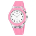 Pink silicone strap quartz watch for kids with clear white dial and arabic numerals. - Pink