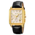 Men's square quartz watch with gold case, chronograph dial and black leather strap. - Gold Case Silver Dial - Leather Strap