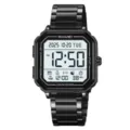 Men's black digital watch with stainless steel strap, square dial, and multiple functions. - Stainless Steel Band / Black