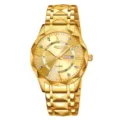Gold quartz watch for men with faceted bezel, stainless steel metal strap, calendar display. - Gold Case Gold Dial - Men's