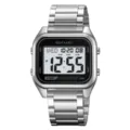 Men square digital waterproof watch metal strap luminous multi-function electronic watch - Silver White Display