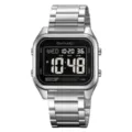 Men's square digital watch waterproof luminous stainless steel casual electronic wrist watch - Silver Black Display