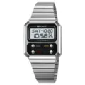 Men's retro digital watch with stainless steel strap and multi-function display. - Silver White Display