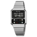 SKMEI retro digital watch with stainless steel strap, square case, and multi-function display. - Silver Black Display