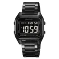 Skmei black digital stainless steel waterproof watch for men, retro square electronic wristwatch. - Black With Black Screen