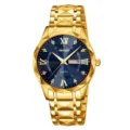 Luxury gold quartz watch for men featuring a striking blue dial and durable steel strap. - Gold Case and Blue Face - Men's