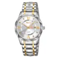 Men's two-tone quartz watch with stainless steel strap, faceted bezel, and calendar display. - Two-tone Silver & Gold Case with Silver Face - Men's