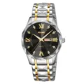 Montre quartz homme SKMEI, bracelet en acier inoxydable bicolore, cadran avec calendrier. - Boîtier argent et or avec cadran noir - Homme