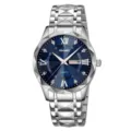 Montre quartz homme argentée avec cadran bleu, chiffres romains et bracelet acier. - Boîtier argent avec cadran bleu - Homme