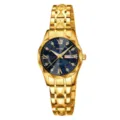 Montre quartz dorée avec cadran bleu, chiffres romains, strass et affichage du calendrier. - Boîtier or avec cadran bleu - Femme