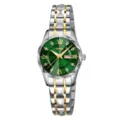 Montre quartz femme SKMEI cadran vert avec bracelet acier bicolore à motif pyramide chic. - Boîtier argent et or avec cadran vert - Femme