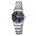 Montre à quartz en acier inoxydable avec cadran bleu, chiffres romains et calendrier. - Boîtier argent avec cadran bleu - Femme